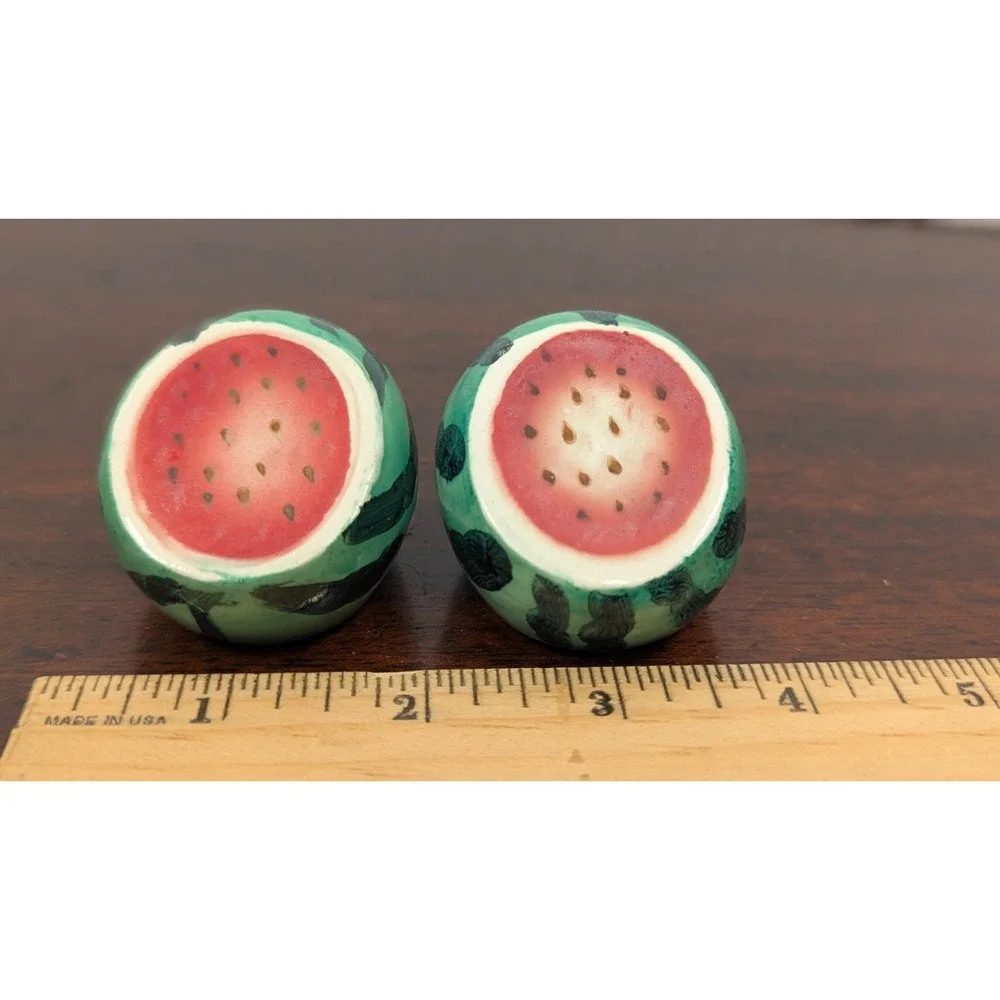 Vintage Japan Watermelon Salt Pepper Shakers Hand Painted Ceramic Cork Pair